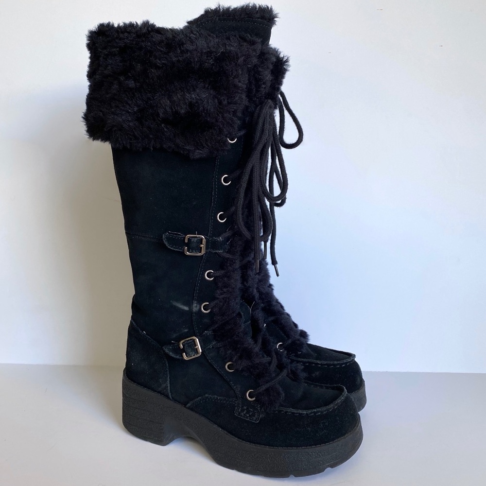 Aldo Black Knee High Suede Fur Lace Up Boots 36 6